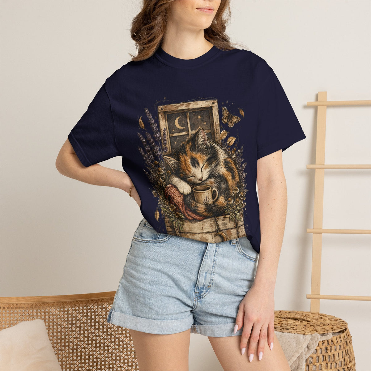 Cozy Cat Nook T-Shirt — Sleeping Cat with Tea & Lavender Graphic