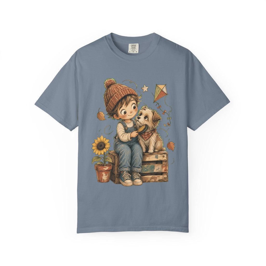 Autumn Kids & Puppy Graphic T-Shirt — Cozy Fall Cute Boy with Dog Design