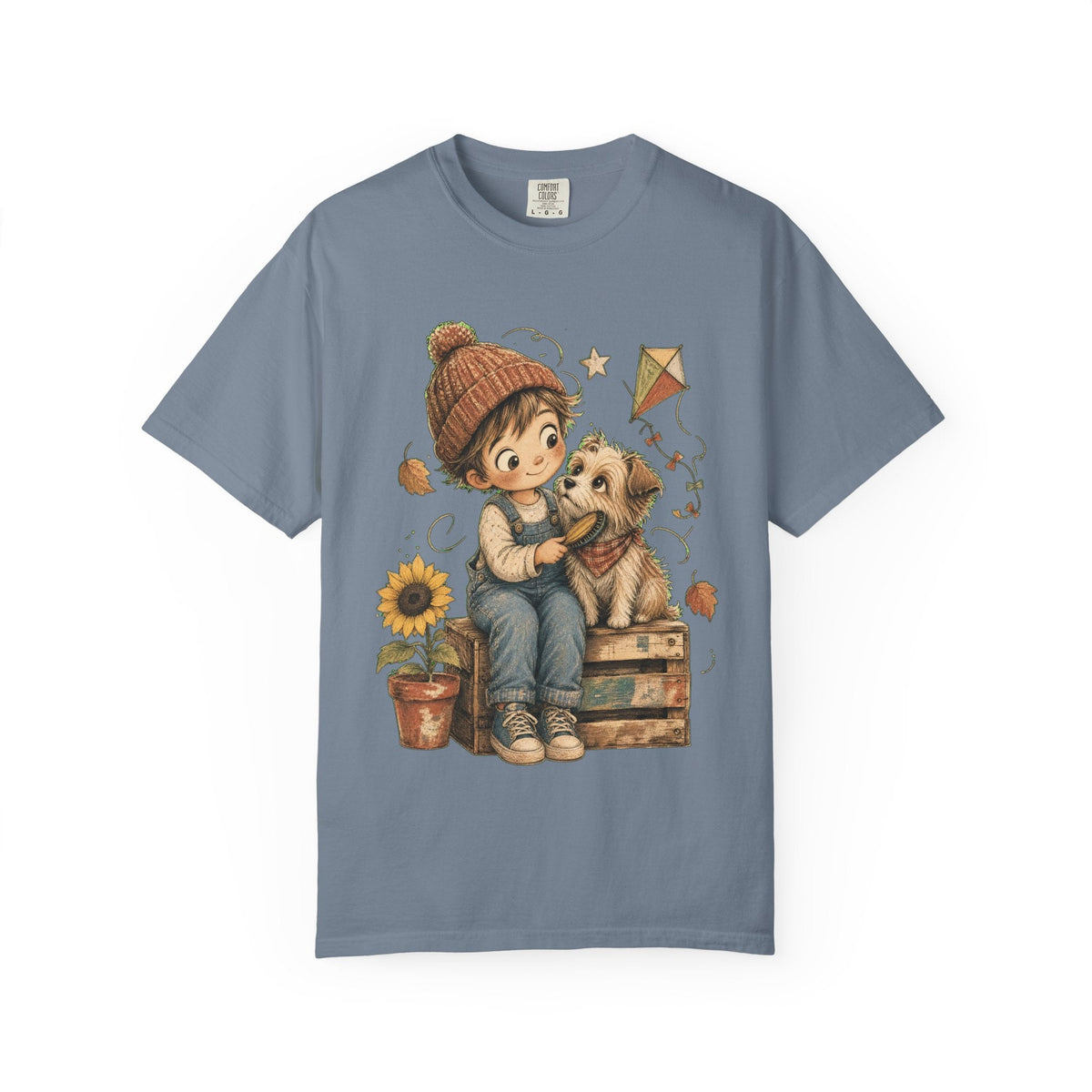 Autumn Kids & Puppy Graphic T-Shirt — Cozy Fall Cute Boy with Dog Design