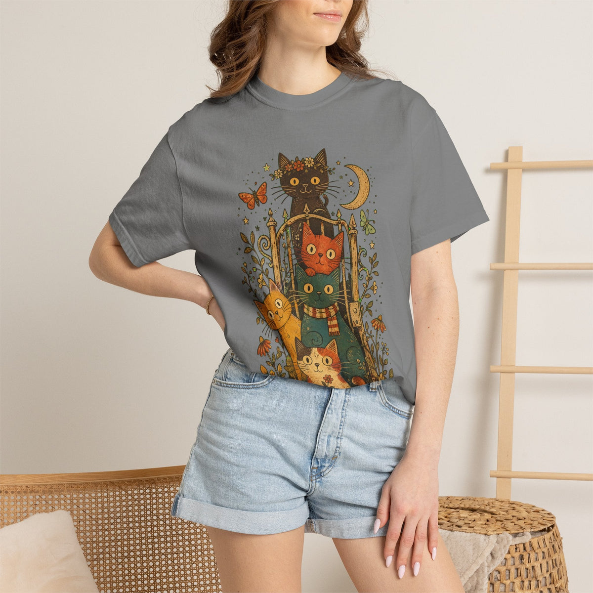 Cat Stack T-Shirt — Autumn Woodland Cats with Moon & Butterflies