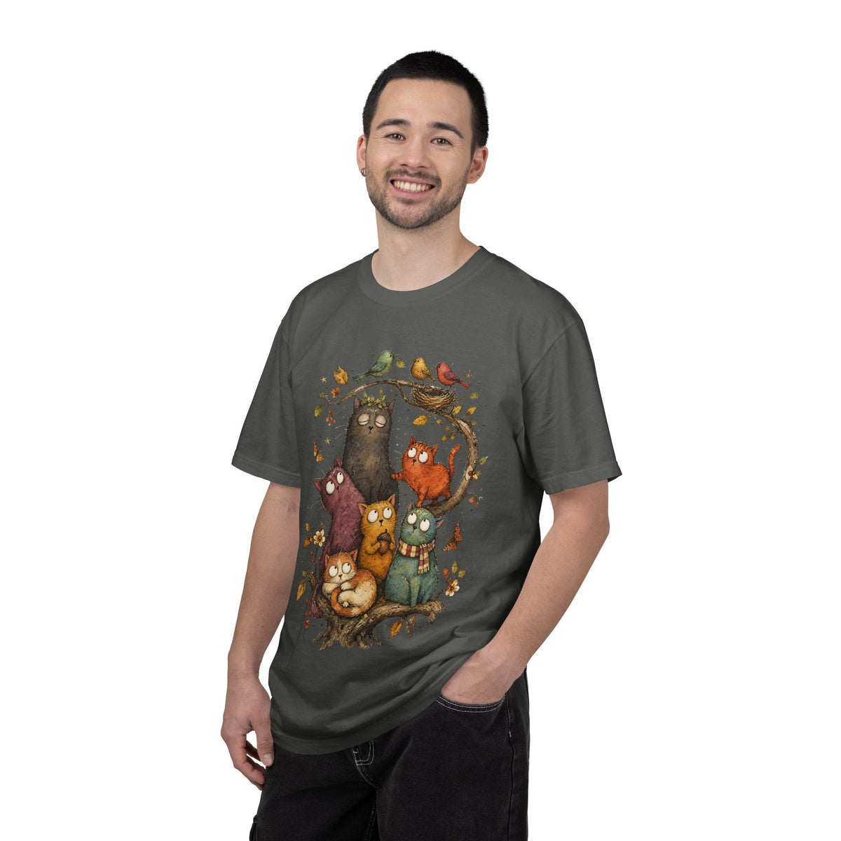 Cat Family Woodland Tee — Cute Autumn Cats Illustration T-Shirt