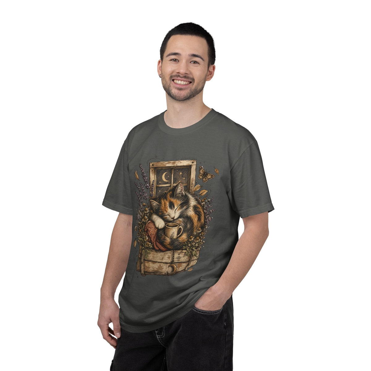 Cozy Cat Nook T-Shirt — Sleeping Cat with Tea & Lavender Graphic
