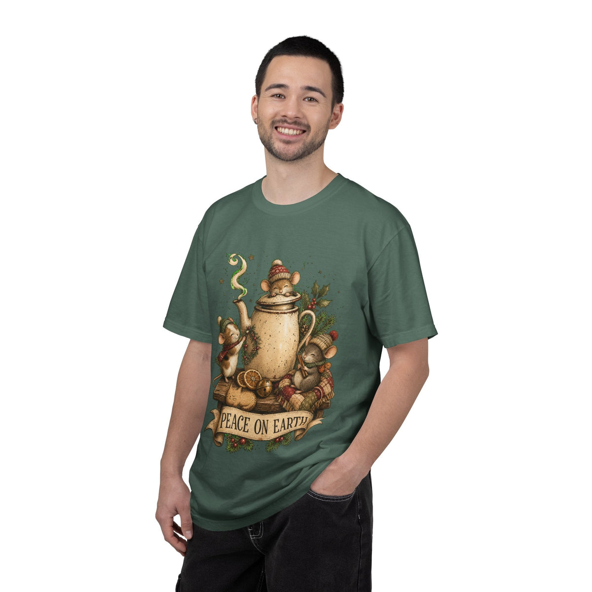 Peace on Earth Christmas T-Shirt — Vintage Holiday Tea & Mouse Illustration