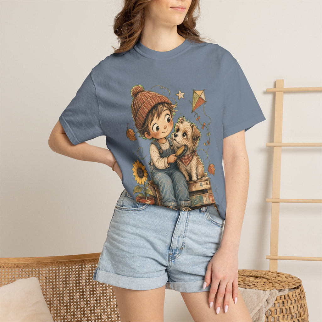 Autumn Kids & Puppy Graphic T-Shirt — Cozy Fall Cute Boy with Dog Design