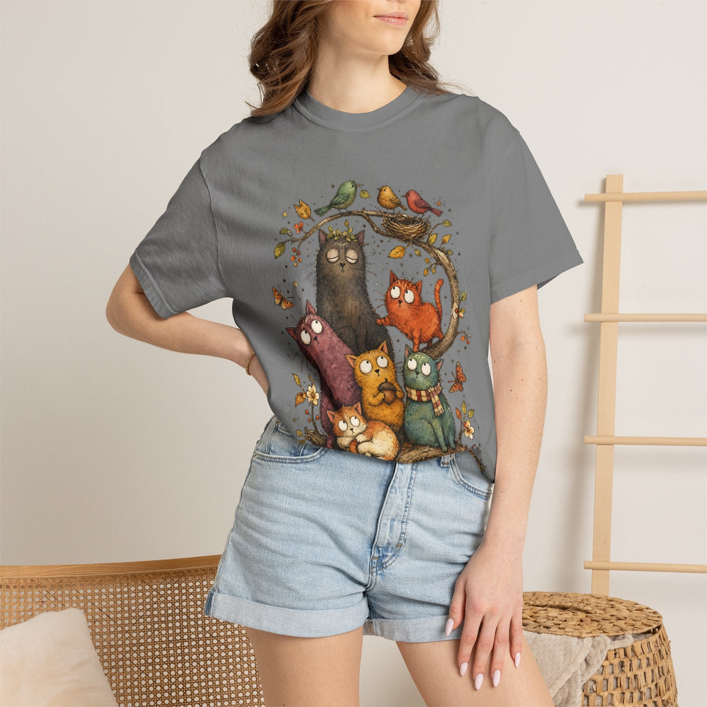 Cat Family Woodland Tee — Cute Autumn Cats Illustration T-Shirt