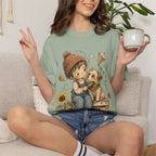 Autumn Kids & Puppy Graphic T-Shirt — Cozy Fall Cute Boy with Dog Design