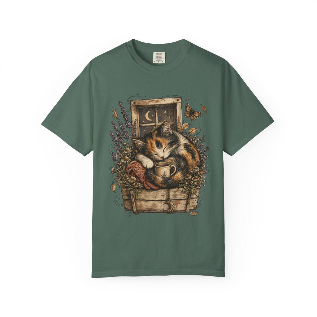 Cozy Cat Nook T-Shirt — Sleeping Cat with Tea & Lavender Graphic