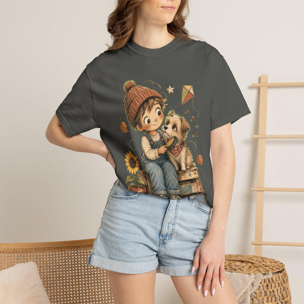 Autumn Kids & Puppy Graphic T-Shirt — Cozy Fall Cute Boy with Dog Design