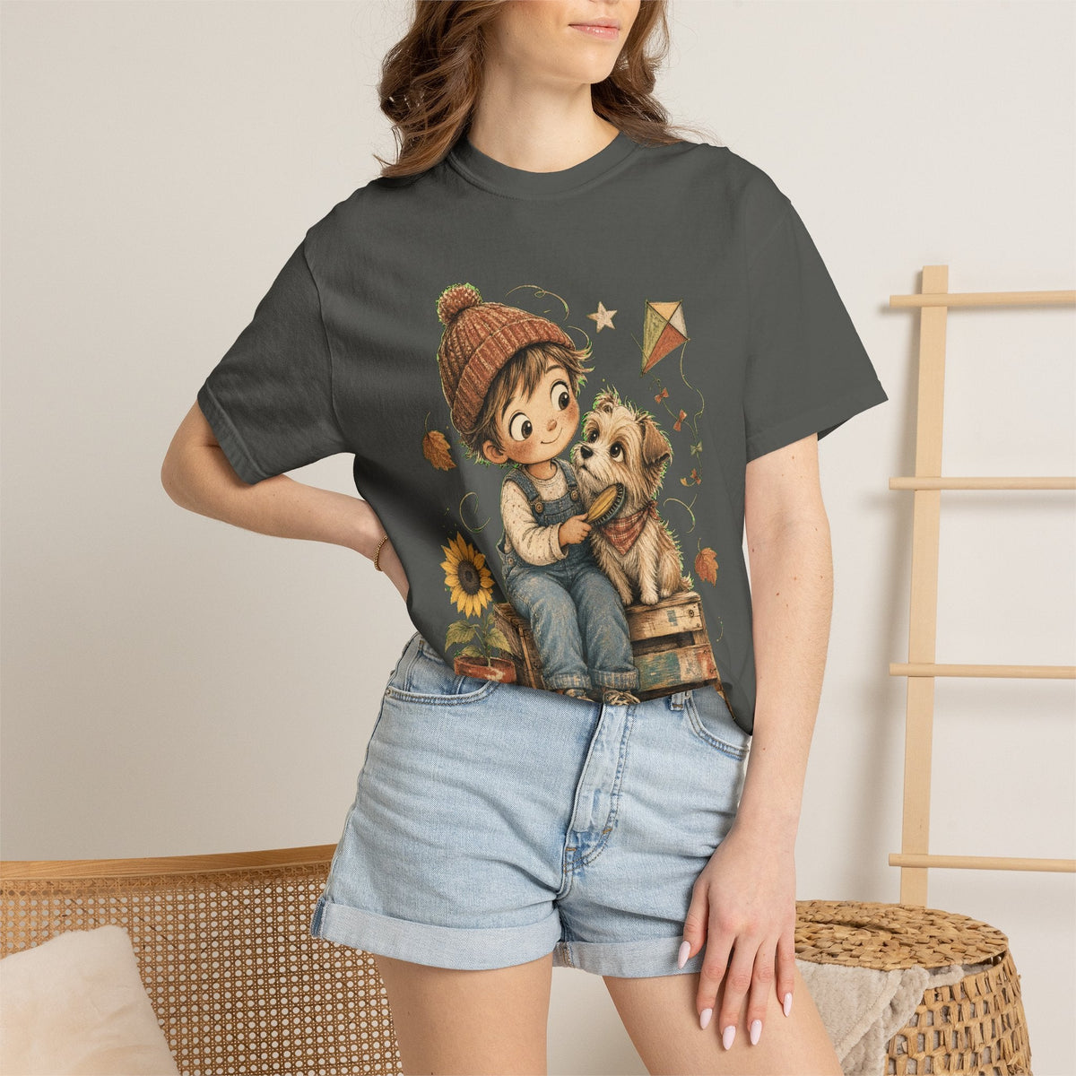 Autumn Kids & Puppy Graphic T-Shirt — Cozy Fall Cute Boy with Dog Design