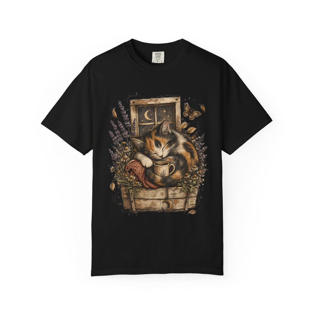 Cozy Cat Nook T-Shirt — Sleeping Cat with Tea & Lavender Graphic