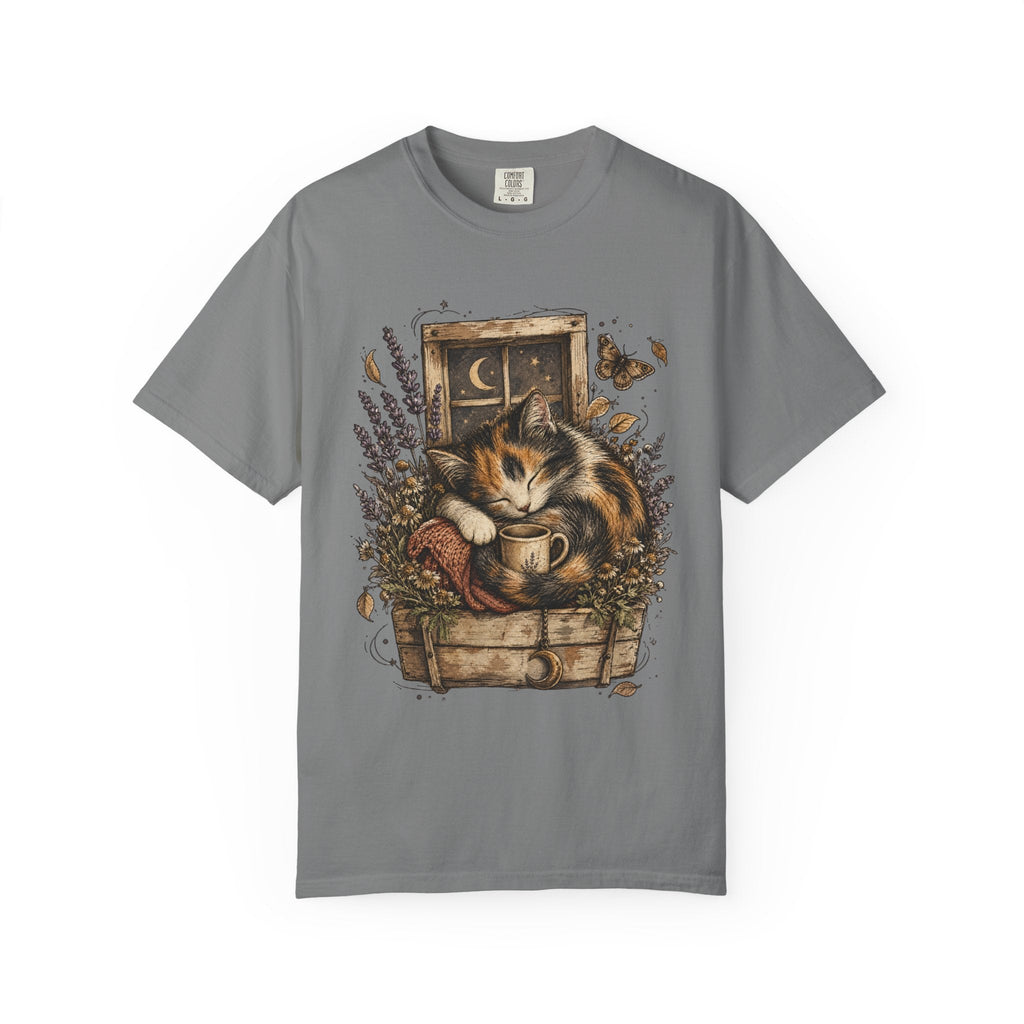 Cozy Cat Nook T-Shirt — Sleeping Cat with Tea & Lavender Graphic