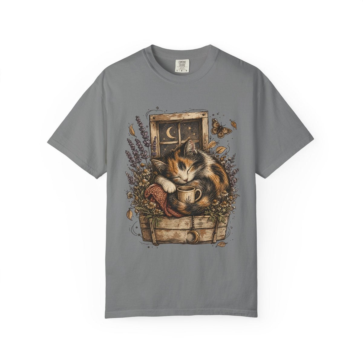 Cozy Cat Nook T-Shirt — Sleeping Cat with Tea & Lavender Graphic