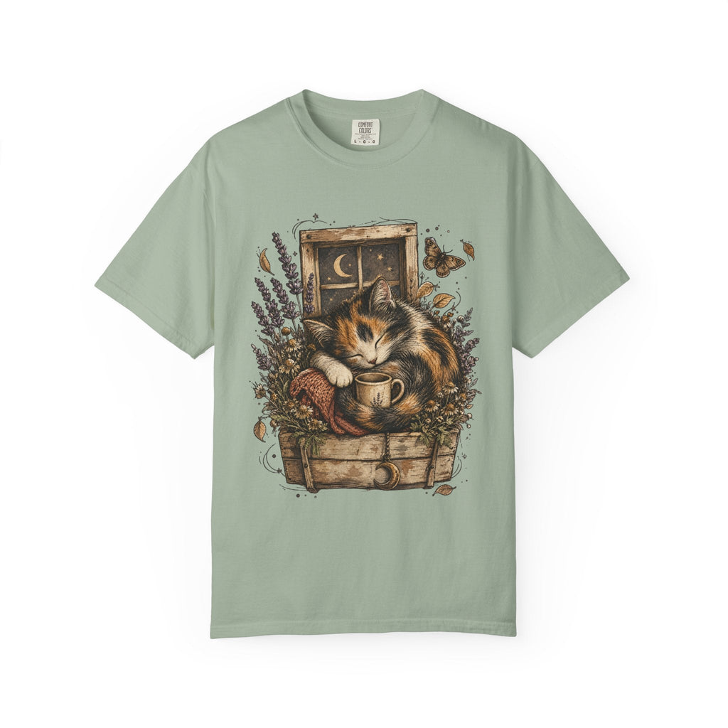 Cozy Cat Nook T-Shirt — Sleeping Cat with Tea & Lavender Graphic