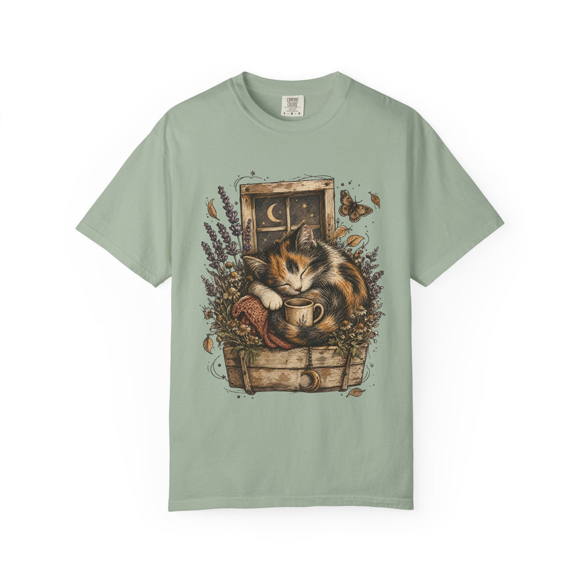 Cozy Cat Nook T-Shirt — Sleeping Cat with Tea & Lavender Graphic