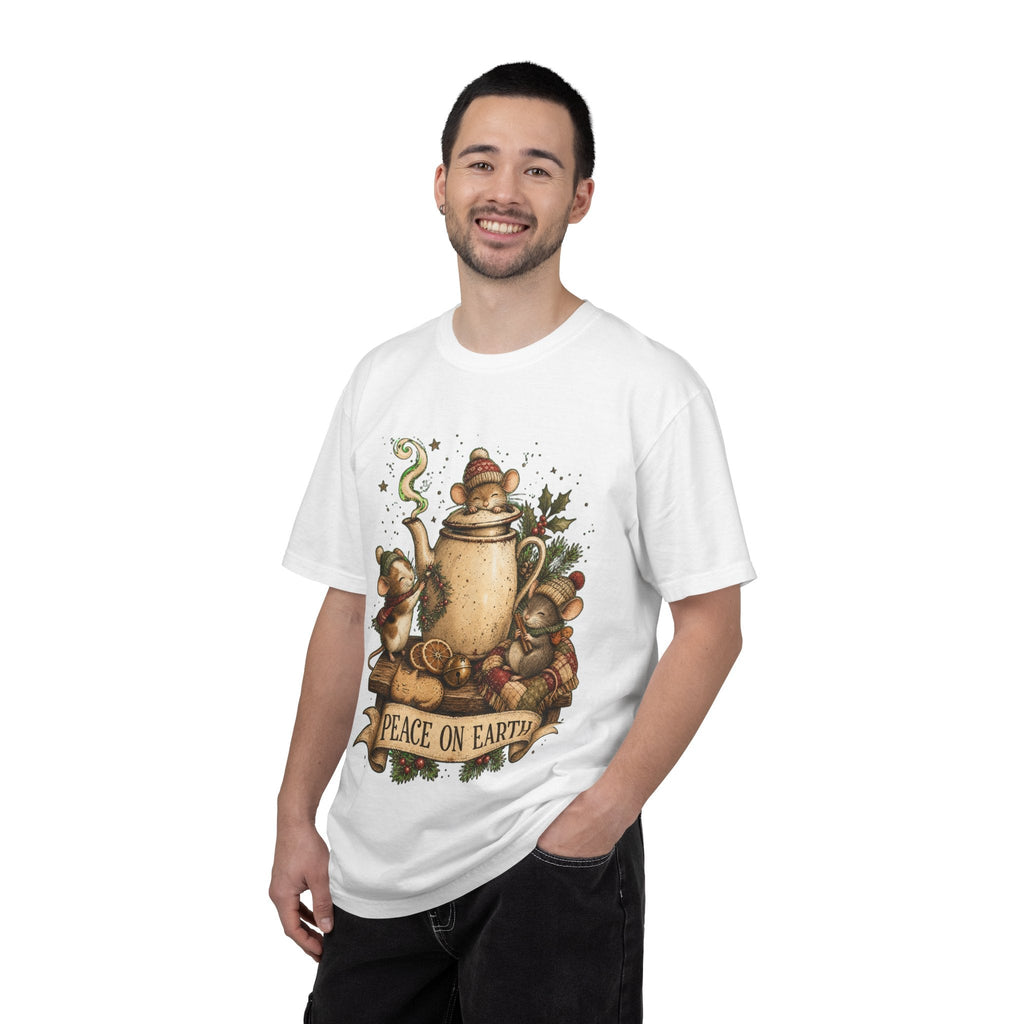 Peace on Earth Christmas T-Shirt — Vintage Holiday Tea & Mouse Illustration