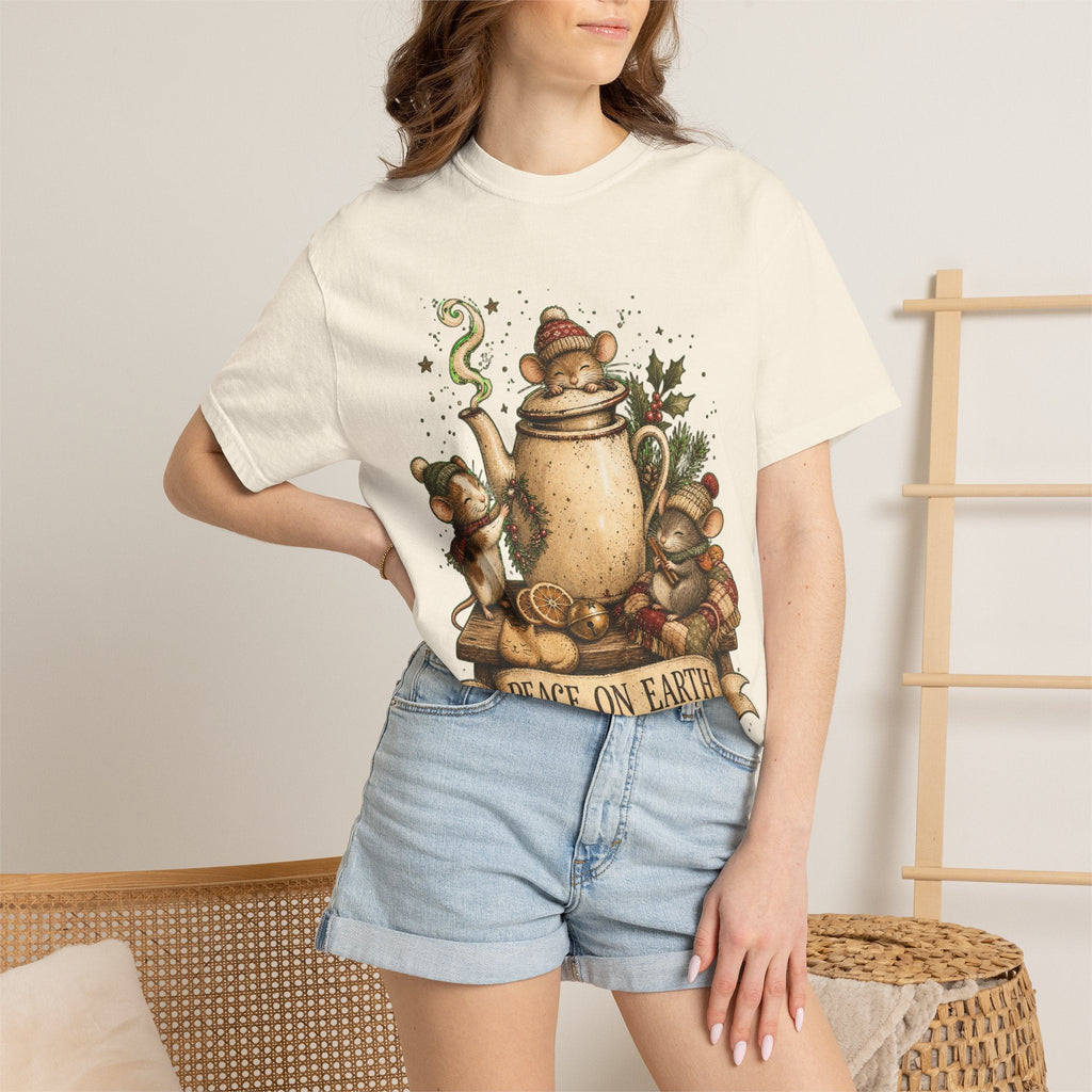 Peace on Earth Christmas T-Shirt — Vintage Holiday Tea & Mouse Illustration