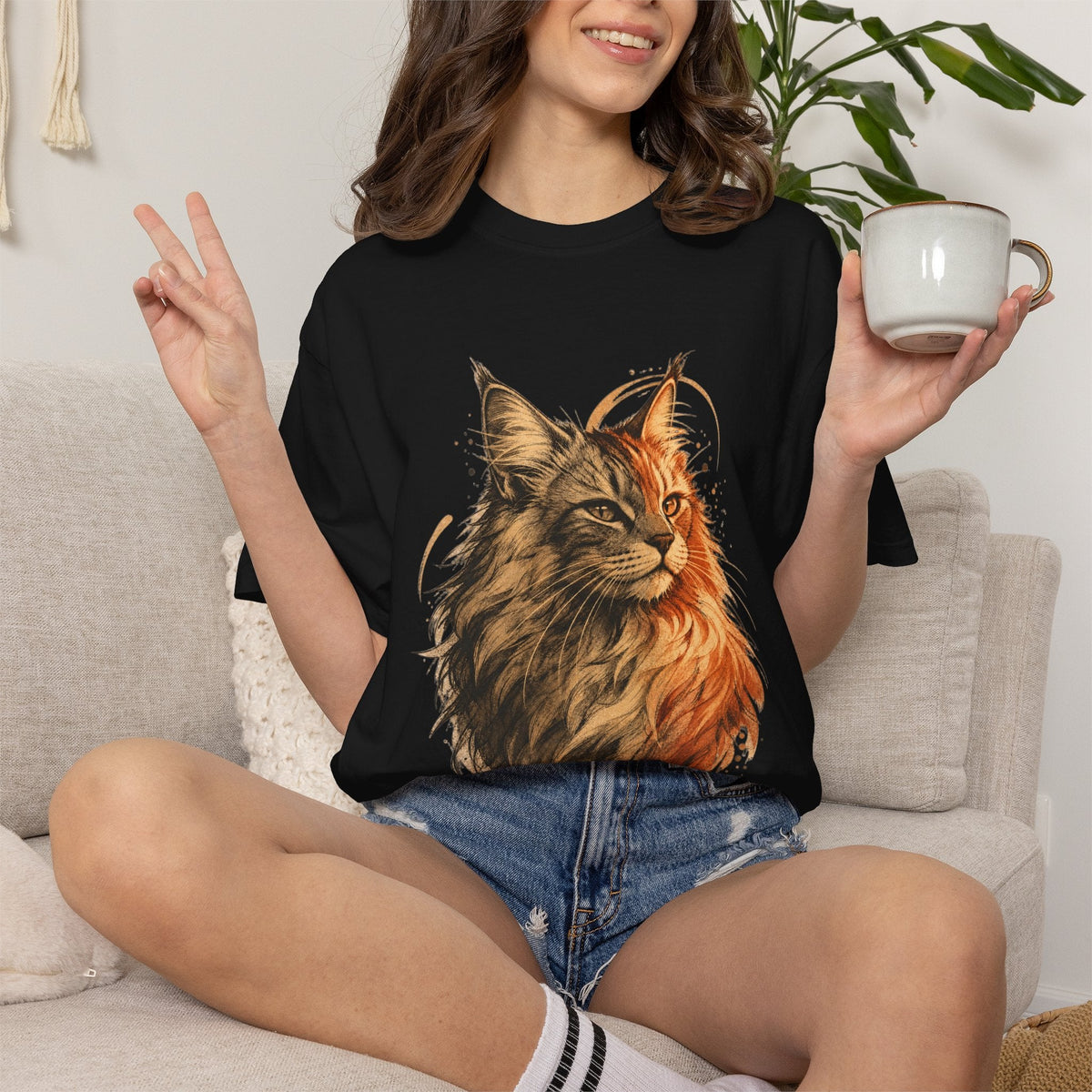 Majestic Maine Coon Cat T-Shirt — Artistic Portrait Tee for Cat Lovers