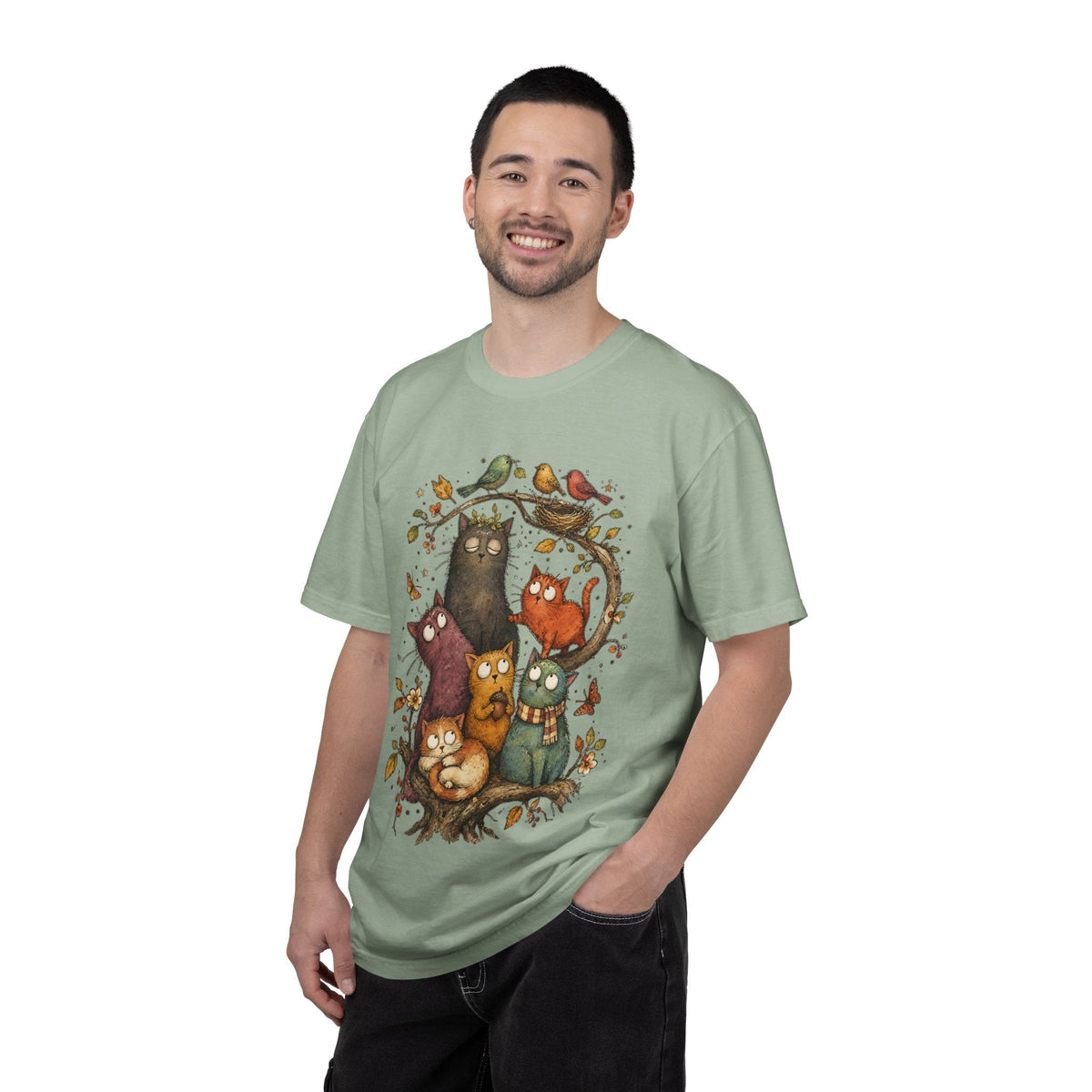 Cat Family Woodland Tee — Cute Autumn Cats Illustration T-Shirt