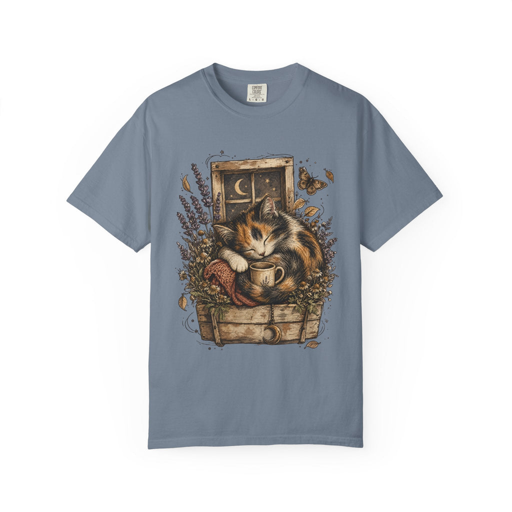 Cozy Cat Nook T-Shirt — Sleeping Cat with Tea & Lavender Graphic