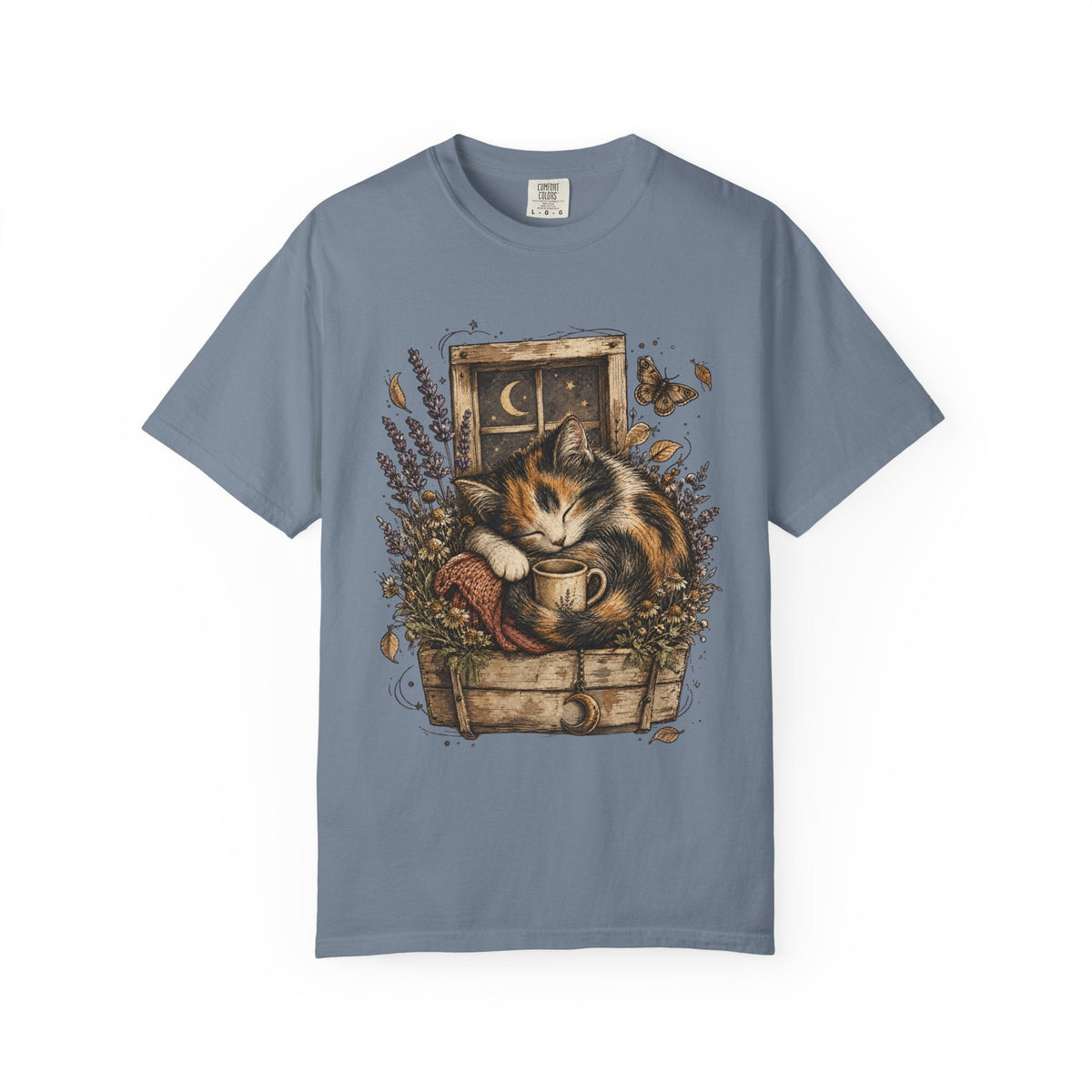 Cozy Cat Nook T-Shirt — Sleeping Cat with Tea & Lavender Graphic