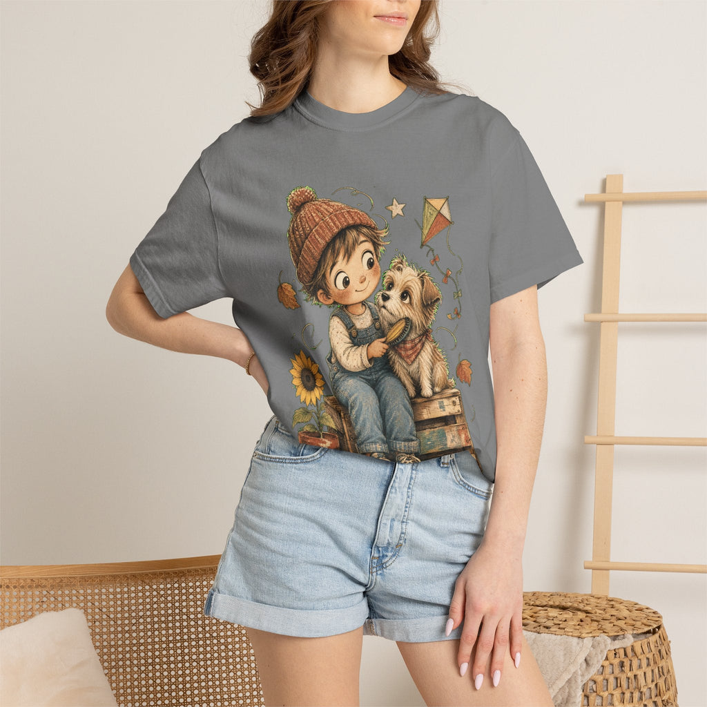 Autumn Kids & Puppy Graphic T-Shirt — Cozy Fall Cute Boy with Dog Design