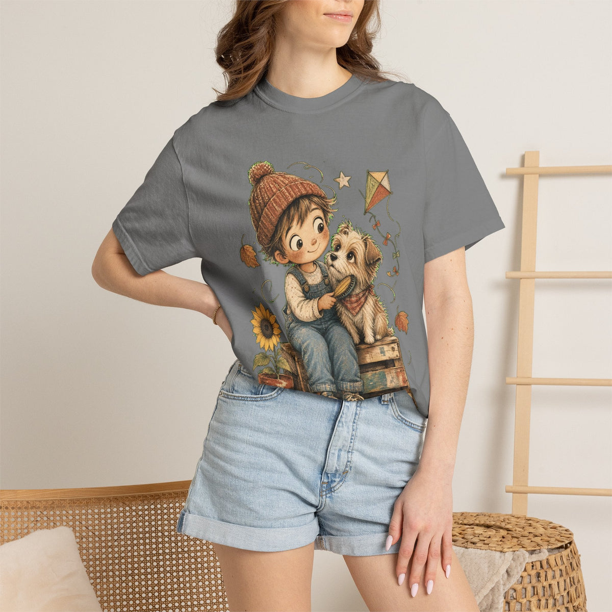 Autumn Kids & Puppy Graphic T-Shirt — Cozy Fall Cute Boy with Dog Design
