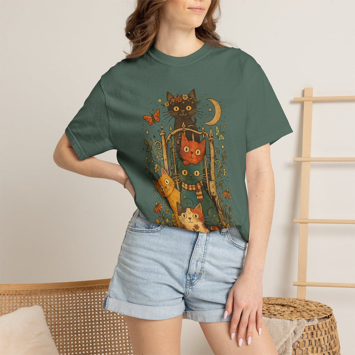 Cat Stack T-Shirt — Autumn Woodland Cats with Moon & Butterflies