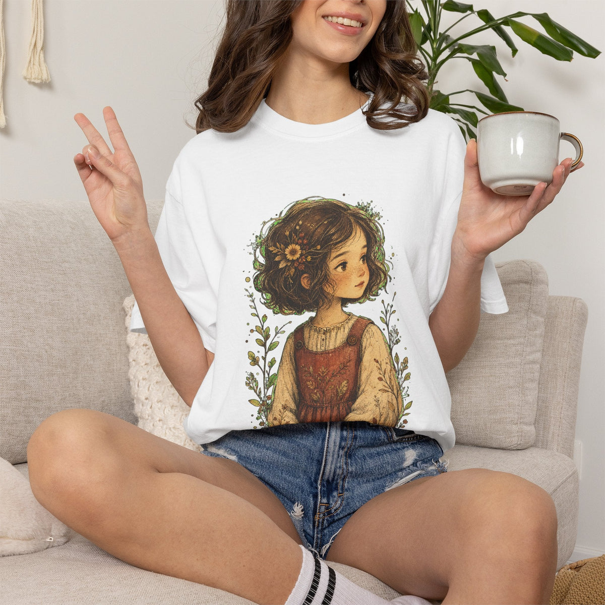 Vintage Cottagecore Girl Illustration T-Shirt