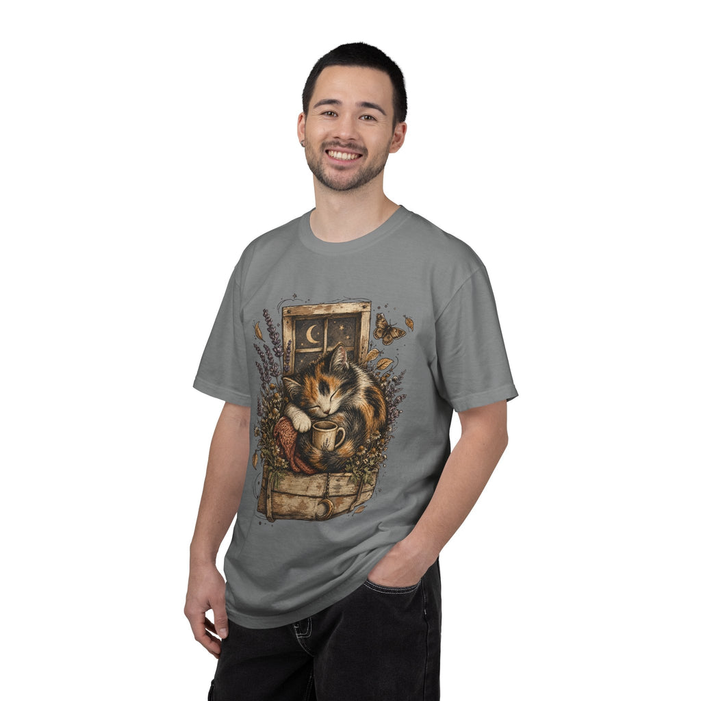 Cozy Cat Nook T-Shirt — Sleeping Cat with Tea & Lavender Graphic