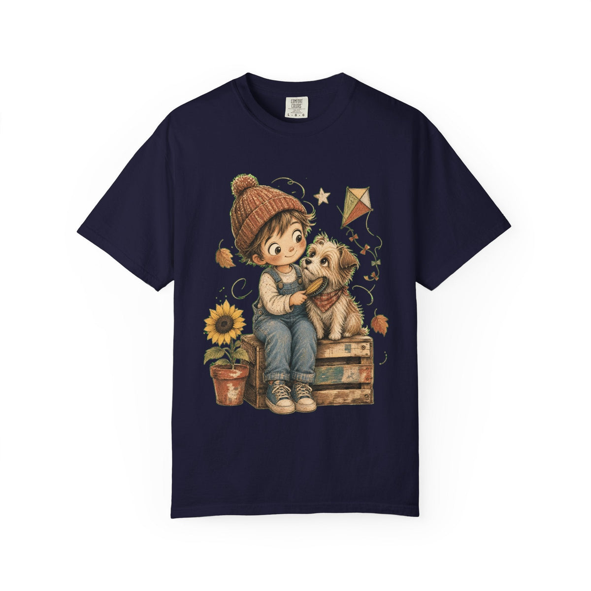 Autumn Kids & Puppy Graphic T-Shirt — Cozy Fall Cute Boy with Dog Design