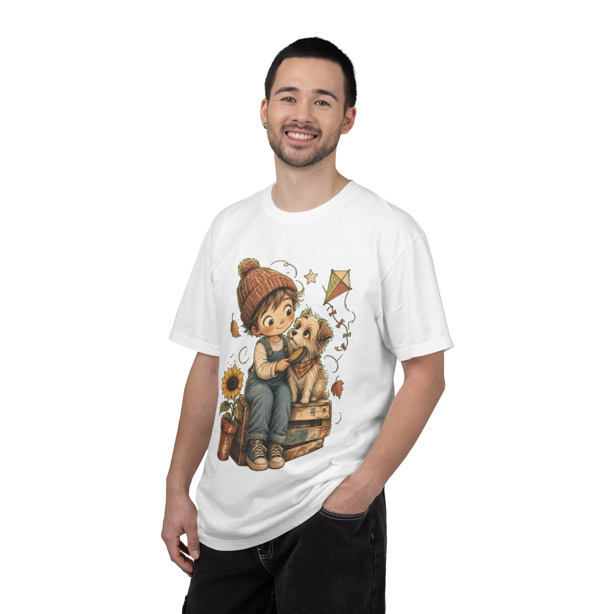 Autumn Kids & Puppy Graphic T-Shirt — Cozy Fall Cute Boy with Dog Design