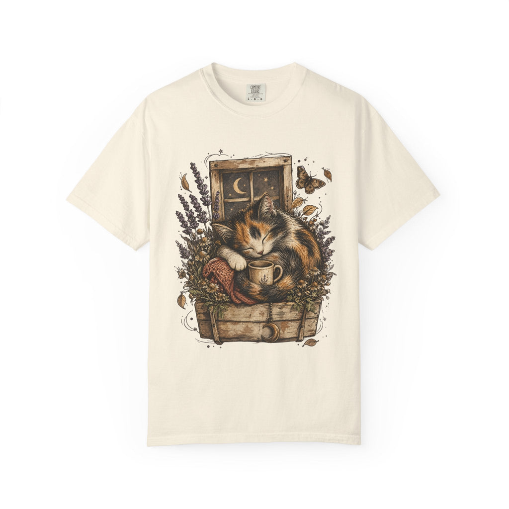 Cozy Cat Nook T-Shirt — Sleeping Cat with Tea & Lavender Graphic
