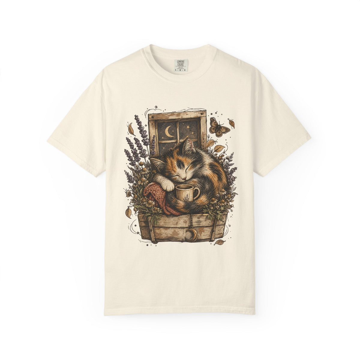 Cozy Cat Nook T-Shirt — Sleeping Cat with Tea & Lavender Graphic