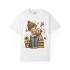 Autumn Kids & Puppy Graphic T-Shirt — Cozy Fall Cute Boy with Dog Design