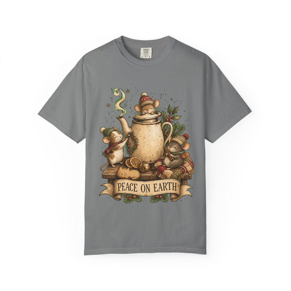 Peace on Earth Christmas T-Shirt — Vintage Holiday Tea & Mouse Illustration
