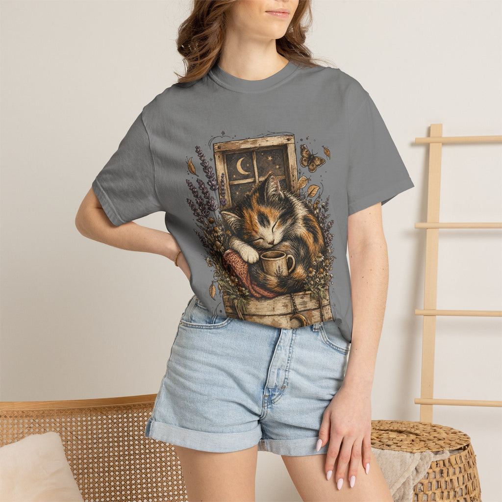 Cozy Cat Nook T-Shirt — Sleeping Cat with Tea & Lavender Graphic