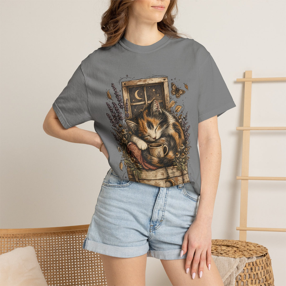 Cozy Cat Nook T-Shirt — Sleeping Cat with Tea & Lavender Graphic
