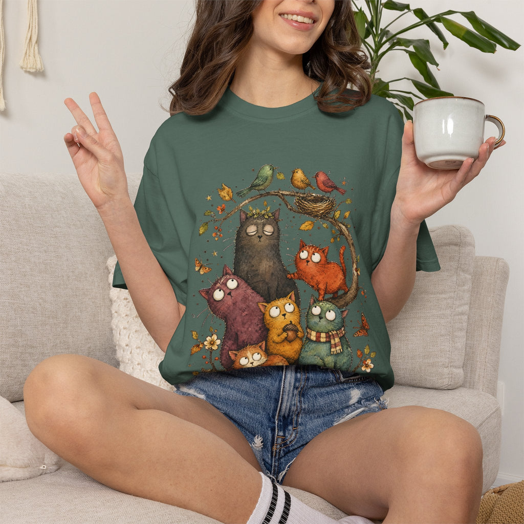 Cat Family Woodland Tee — Cute Autumn Cats Illustration T-Shirt
