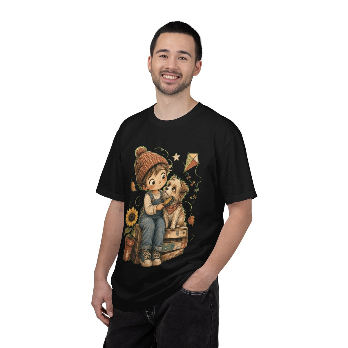 Autumn Kids & Puppy Graphic T-Shirt — Cozy Fall Cute Boy with Dog Design