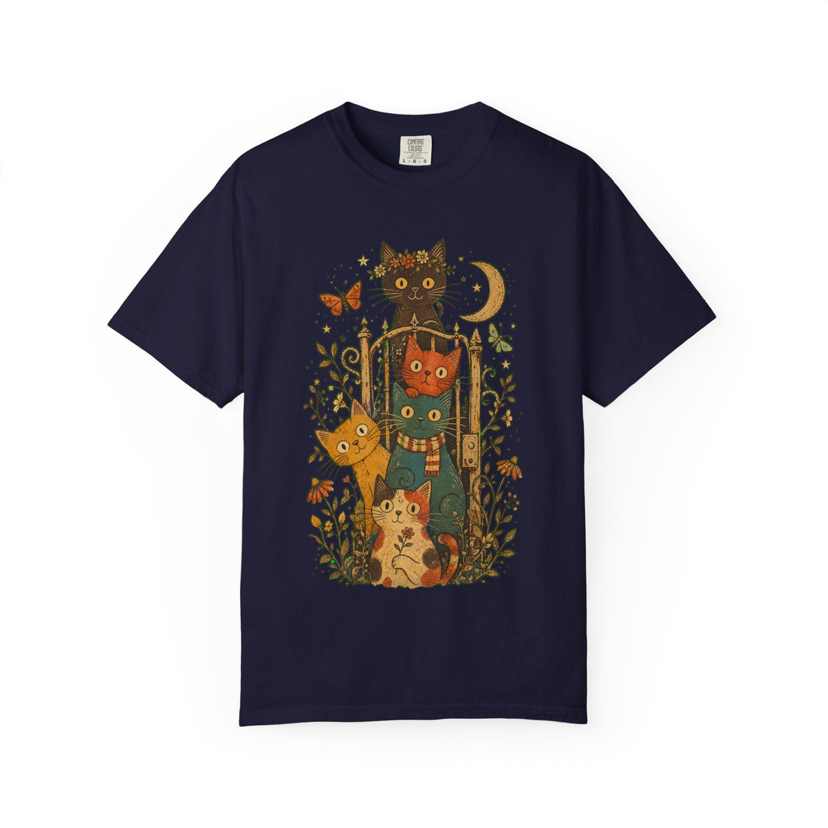 Cat Stack T-Shirt — Autumn Woodland Cats with Moon & Butterflies