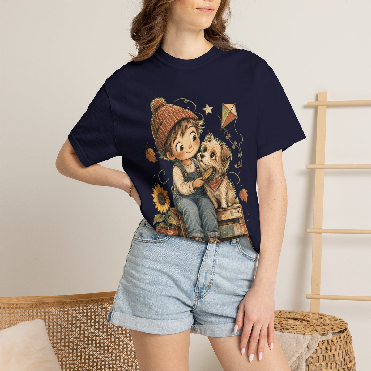 Autumn Kids & Puppy Graphic T-Shirt — Cozy Fall Cute Boy with Dog Design
