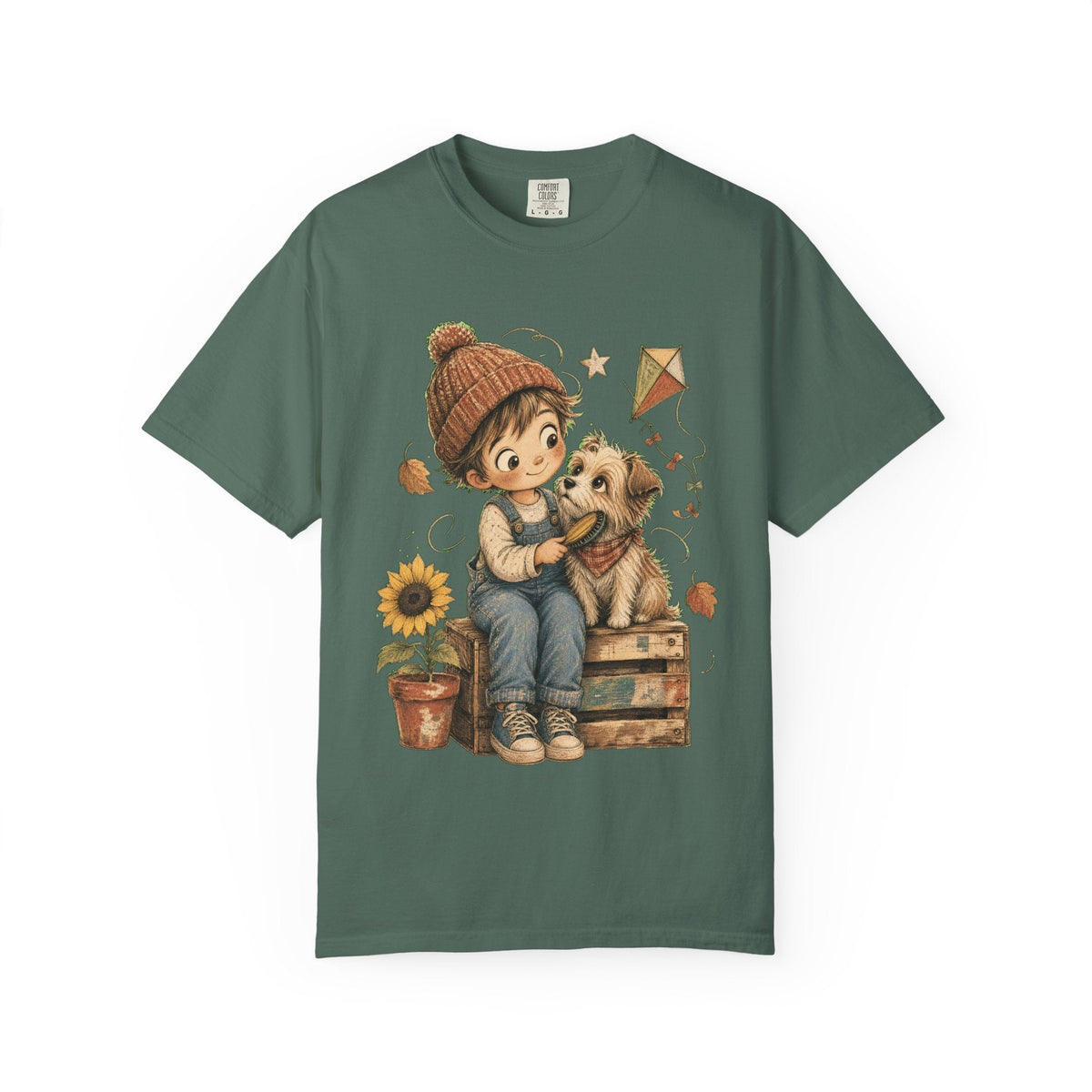 Autumn Kids & Puppy Graphic T-Shirt — Cozy Fall Cute Boy with Dog Design
