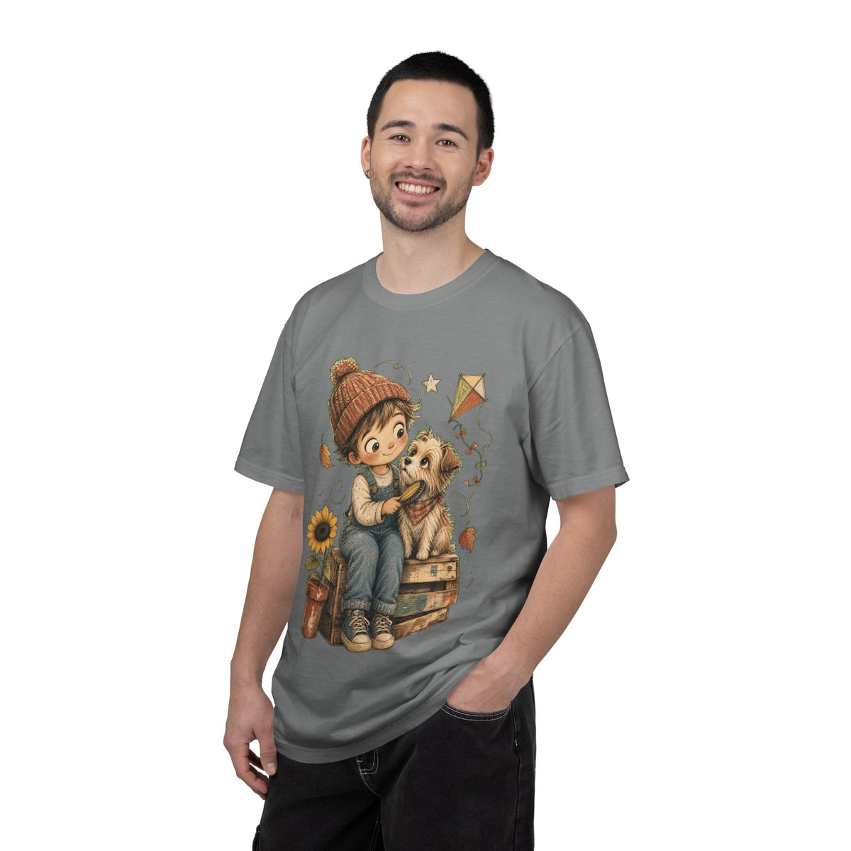 Autumn Kids & Puppy Graphic T-Shirt — Cozy Fall Cute Boy with Dog Design