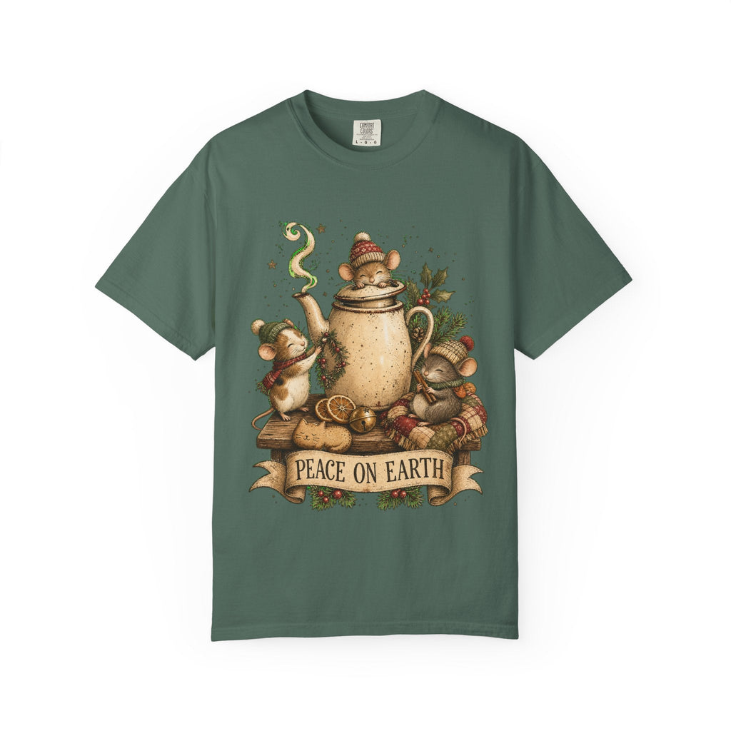 Peace on Earth Christmas T-Shirt — Vintage Holiday Tea & Mouse Illustration
