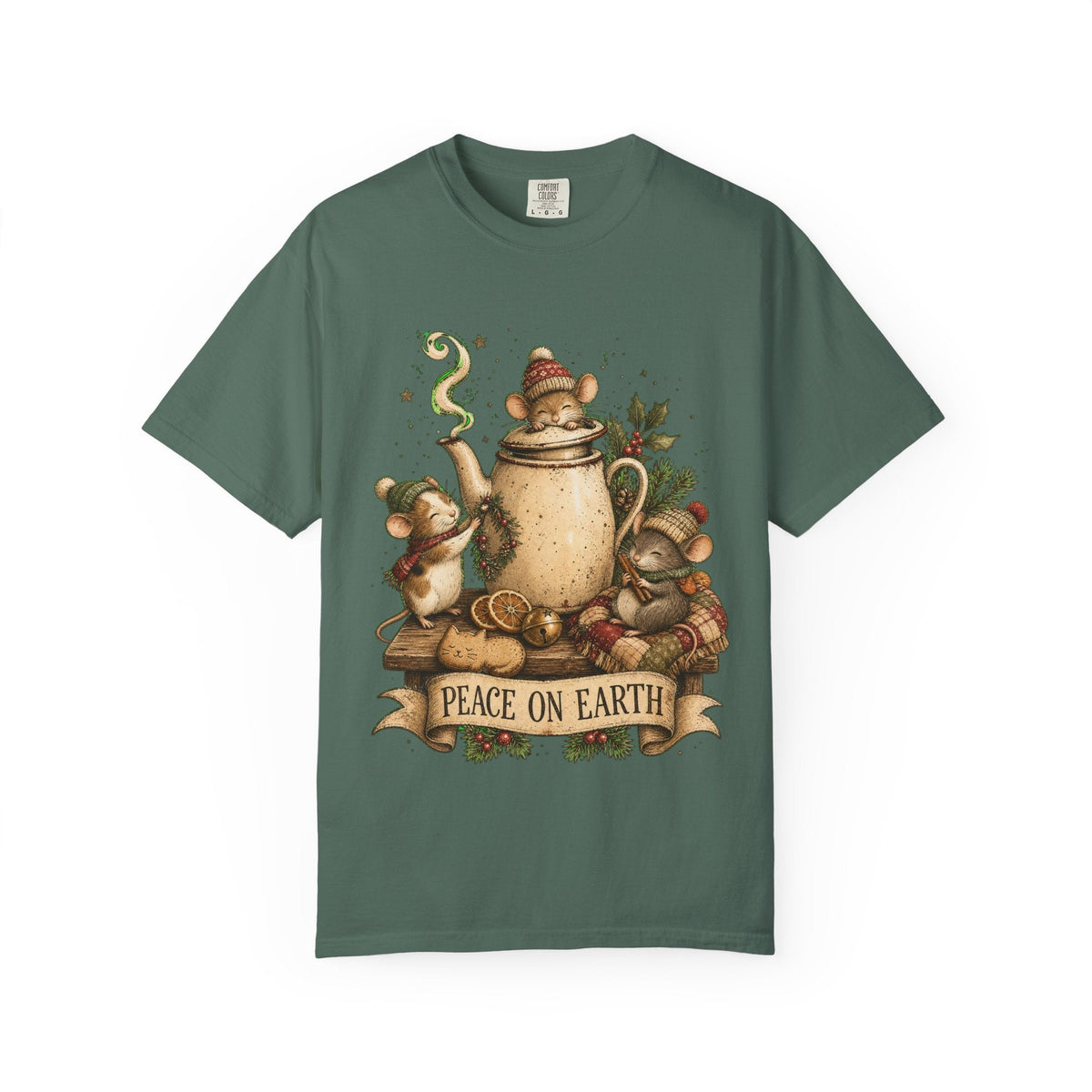 Peace on Earth Christmas T-Shirt — Vintage Holiday Tea & Mouse Illustration