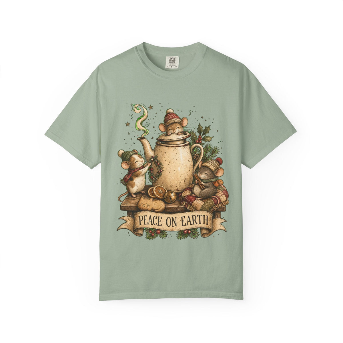 Peace on Earth Christmas T-Shirt — Vintage Holiday Tea & Mouse Illustration
