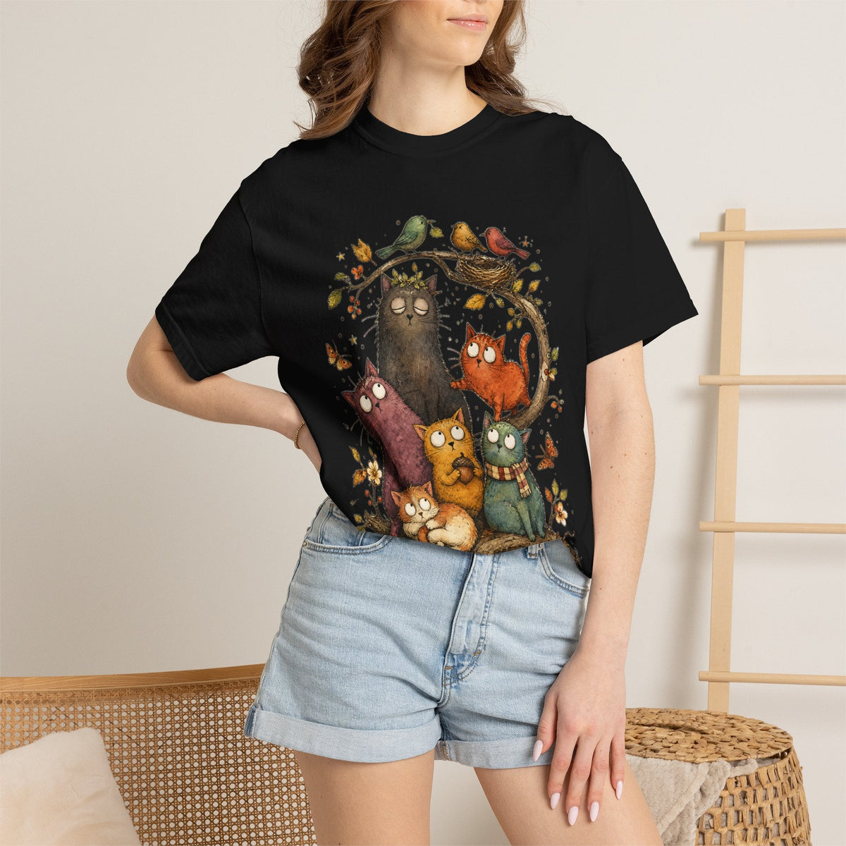 Cat Family Woodland Tee — Cute Autumn Cats Illustration T-Shirt