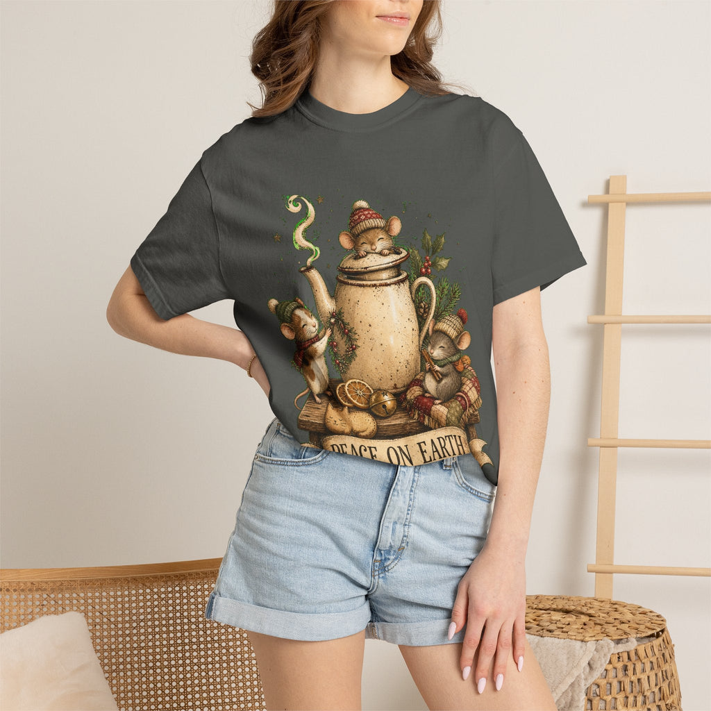 Peace on Earth Christmas T-Shirt — Vintage Holiday Tea & Mouse Illustration
