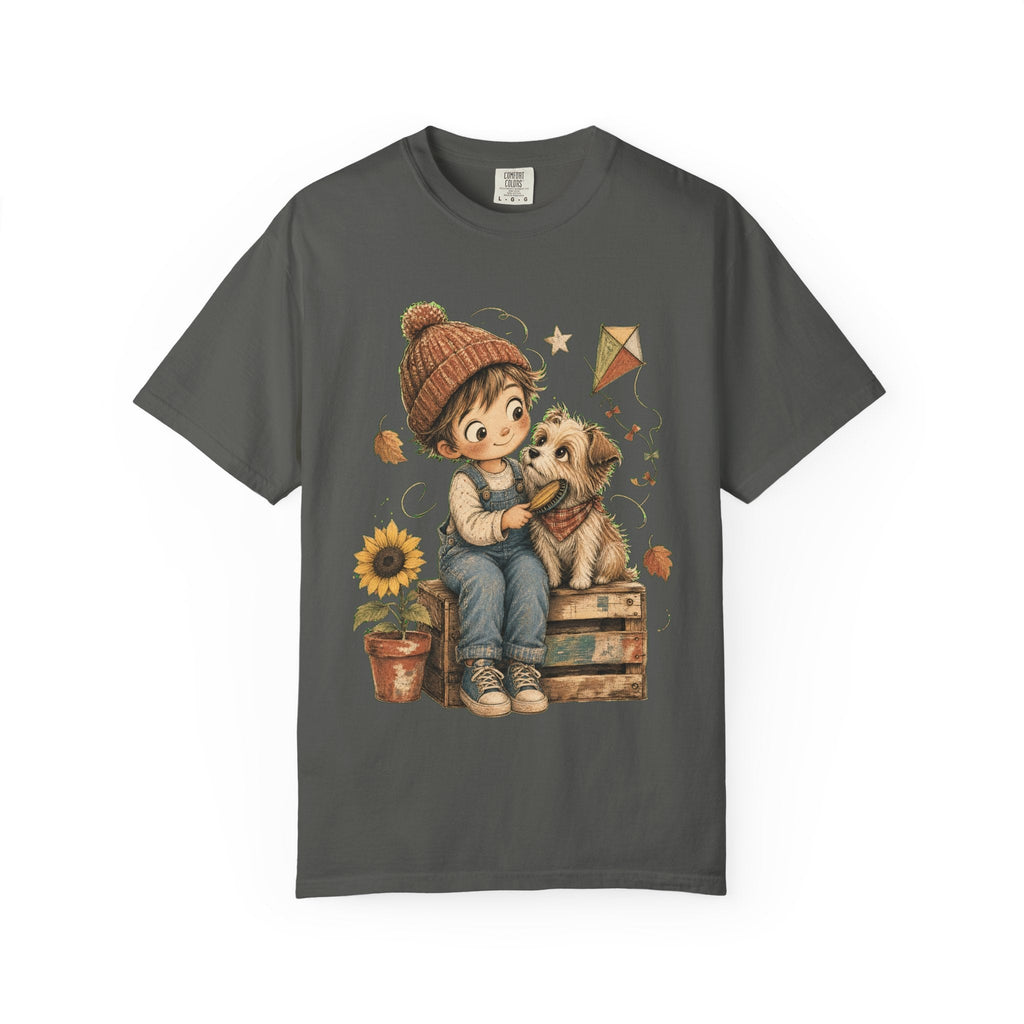 Autumn Kids & Puppy Graphic T-Shirt — Cozy Fall Cute Boy with Dog Design