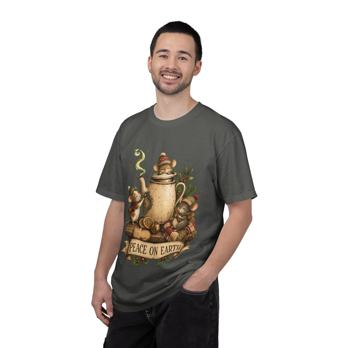 Peace on Earth Christmas T-Shirt — Vintage Holiday Tea & Mouse Illustration